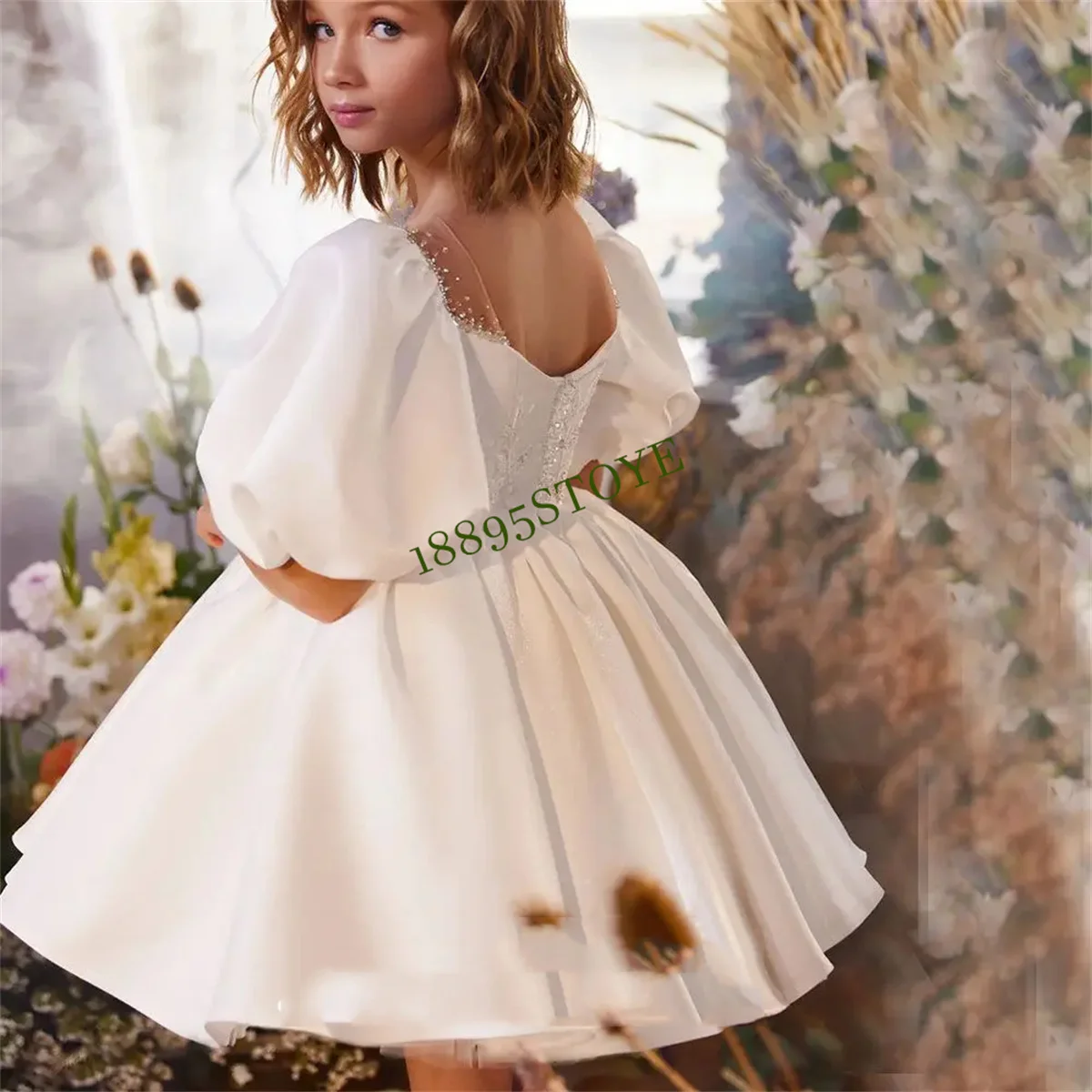 CustomizedElegant White Girl Dress Sequined Beading Princess Gown for Kids Wedding Birthday First Communion Party 2024