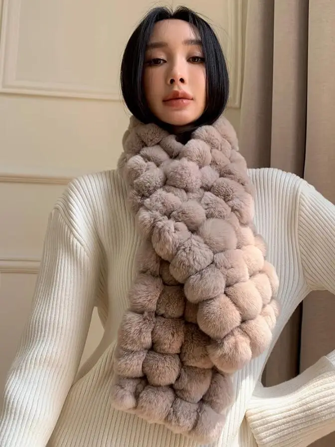 Women Knitted Real Rex Rabbit Fur Scarf with Pompom Warm Thick Winter Fluffy Wraps