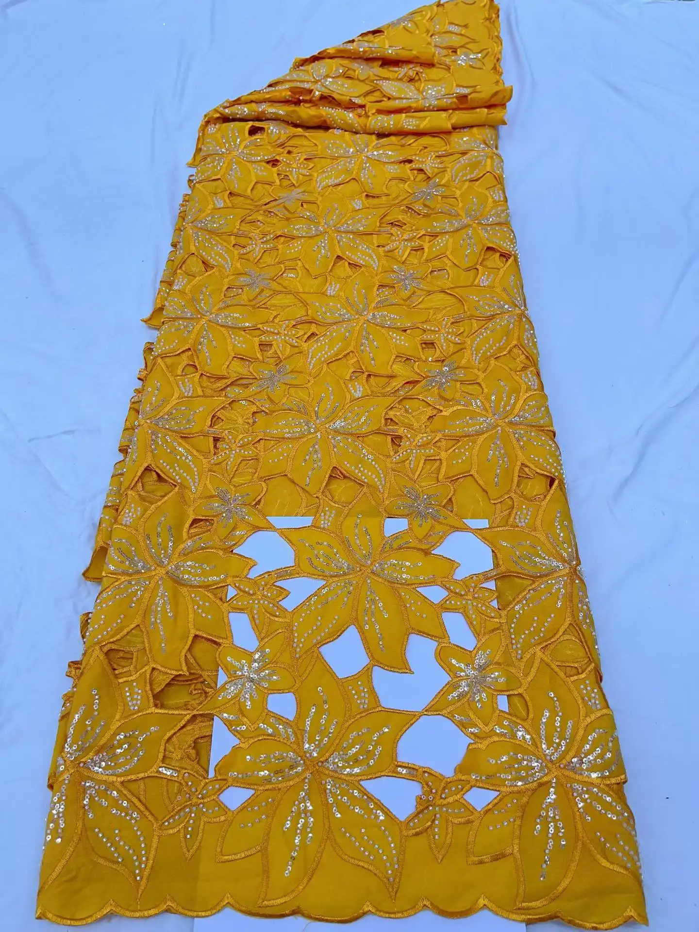 

Yellow African Guipure Cord Lace Fabric with Sequins 2026 High Quality Nigerian Lace Fabrics 5 Yards for Wedding Dresses