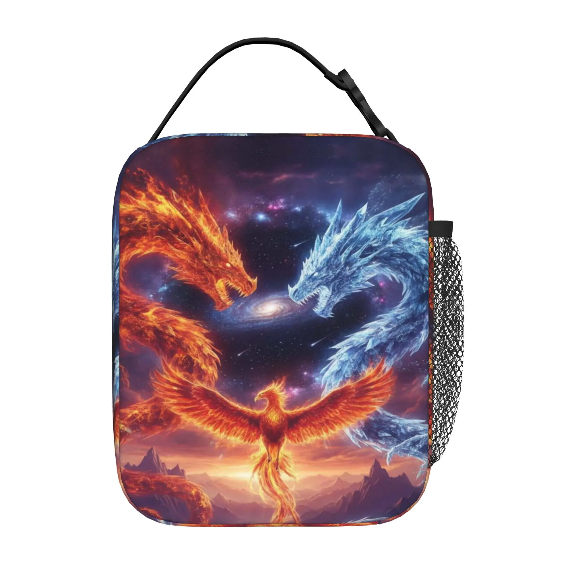Back to school season  Lunch Bag Phoenix And Dual Dragons Fantasy Art Large Capacity Cool Daily Snack Storage Lunch Bag