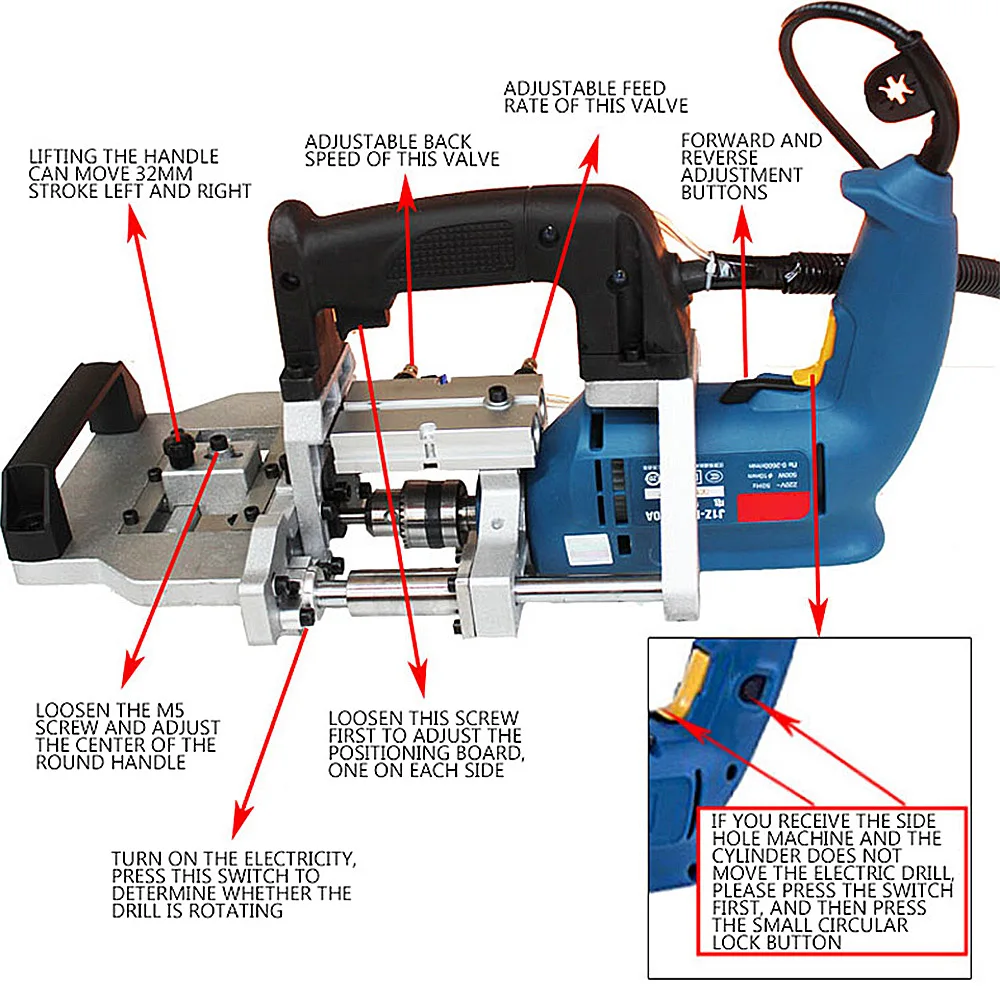 500W Pneumatic Side Hole Machine Woodworking Drill Puncher Portable Slant Hole Machine Tenon Punching Machine
