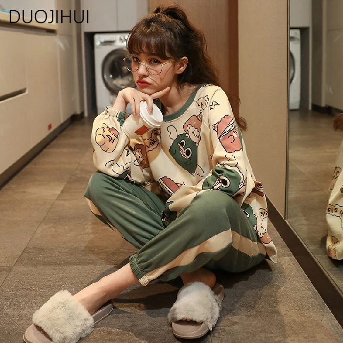 DUOJIHUI Spring Chicly Printed Loose Casual Home Pajamas for Women Basic O-neck Pullover Simple Pant Fashion Female Pajamas Sets