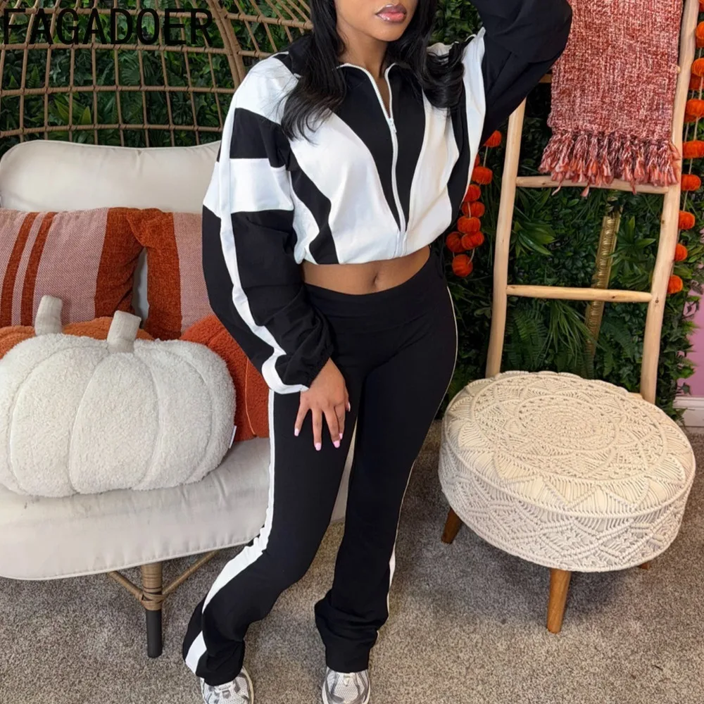 FAGADOER Spring New Casual Two Piece Outfits Woman Color Block Long Sleeve Zipper Jacket and Jogger Pants Tracksuit Streetwear