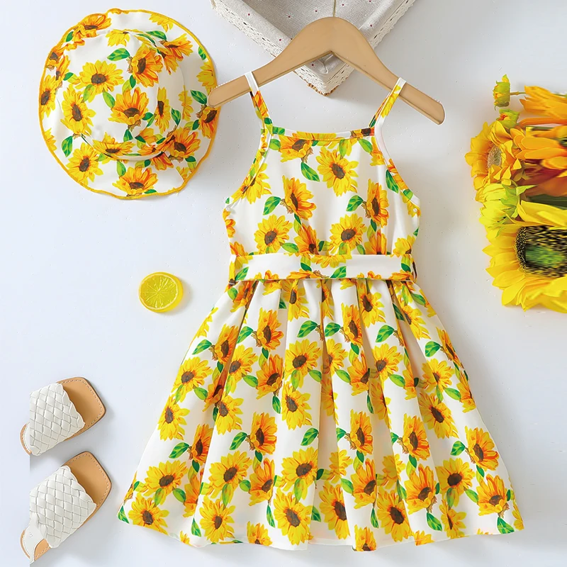 Yellow Cute and Elegant Young Girl\'s Sunflower Pattern Dress with Hat