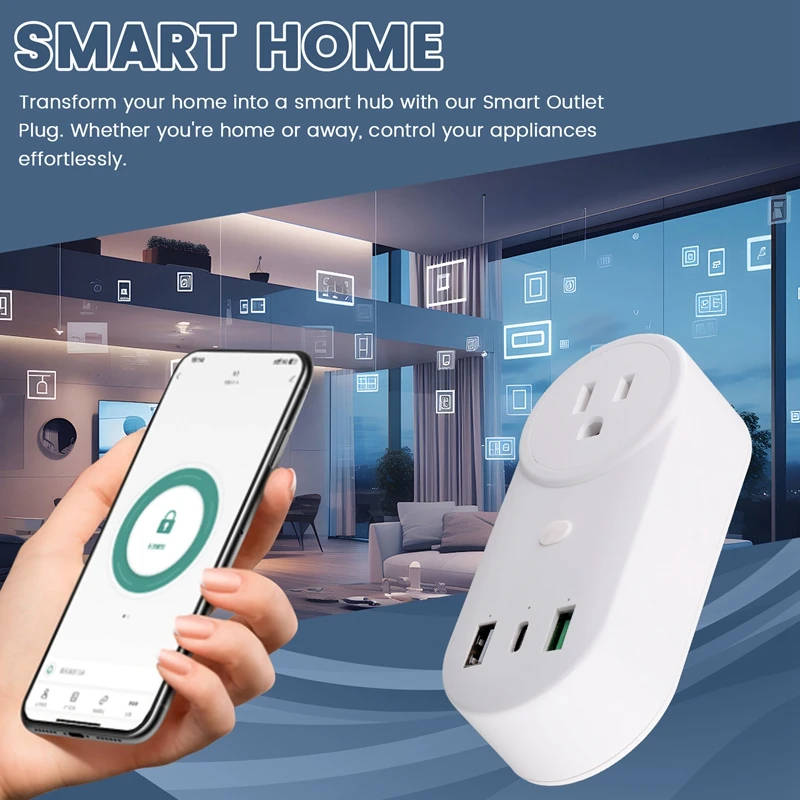 Smart Socket Wifi Plug 16A 2-Hole USB+Type-C Outlets 65W Remote Control Compatible Alexa US Plug