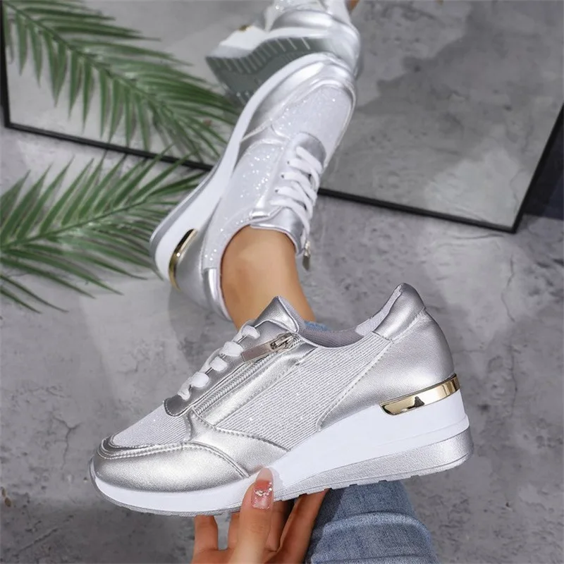 

Fashion Thick Bottom Silver Sneakers Women Spring Wedge Heel Vulcanized Shoes Woman Comfortable Lace Up Sport Sneaker Mujer