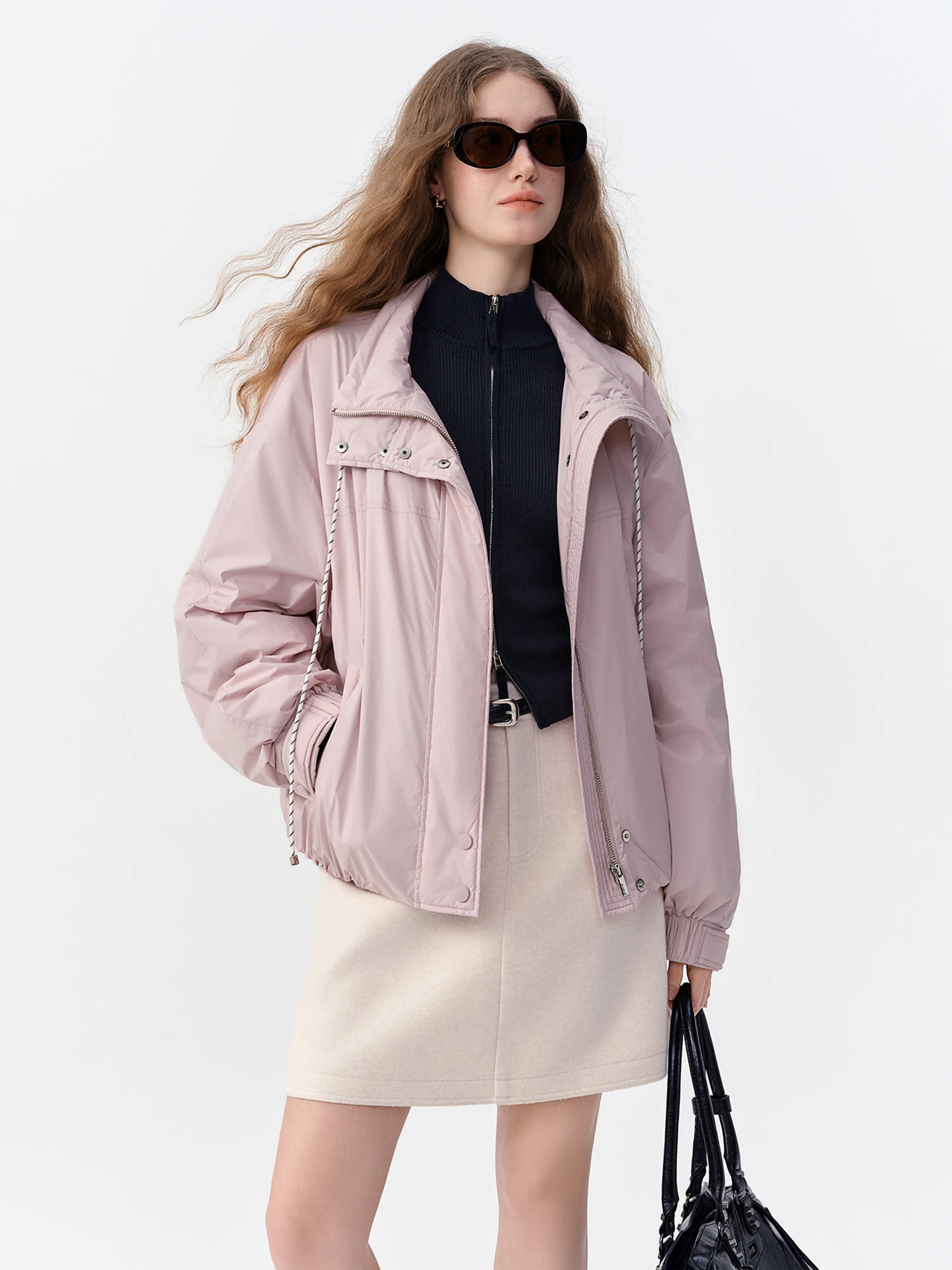 DUSHU Women Windproof Warm Pink Down Jacket with Elastic Hem 2026 Winter New Loose Fit Stylish Outerwear White Duck Down Filled
