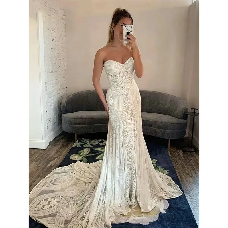 Vestidos de novia de sirena de encaje bohemio elegante, mangas largas acampanadas extraíbles, vestidos de novia de corazón, tren de corte