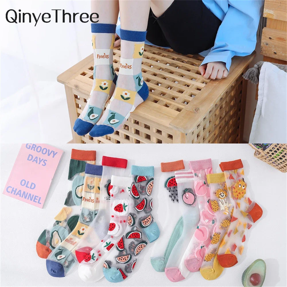 2 Pairs New Chic Harajuku Women Crystal Silk Funny Fruits Happy Summer Avocado Durian Peach Strawberry Watermelon Socks Dropship