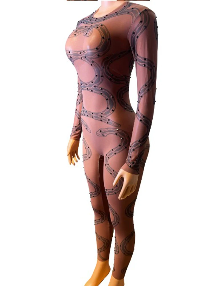 High Quality Hot Stamping Sexy Perspective Mesh Printed Elastic Jumpsuit New Fashion Custom Women'S Bodysuit