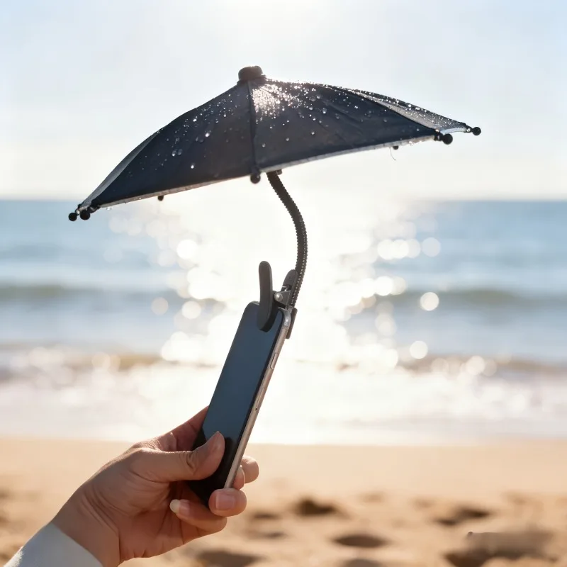 Mini Guarda-Chuva para Telefone com Clip, Protetor Solar Anti-Reflexo, Guarda-Chuva Impermeável para Uso Externo/Carro/Praia