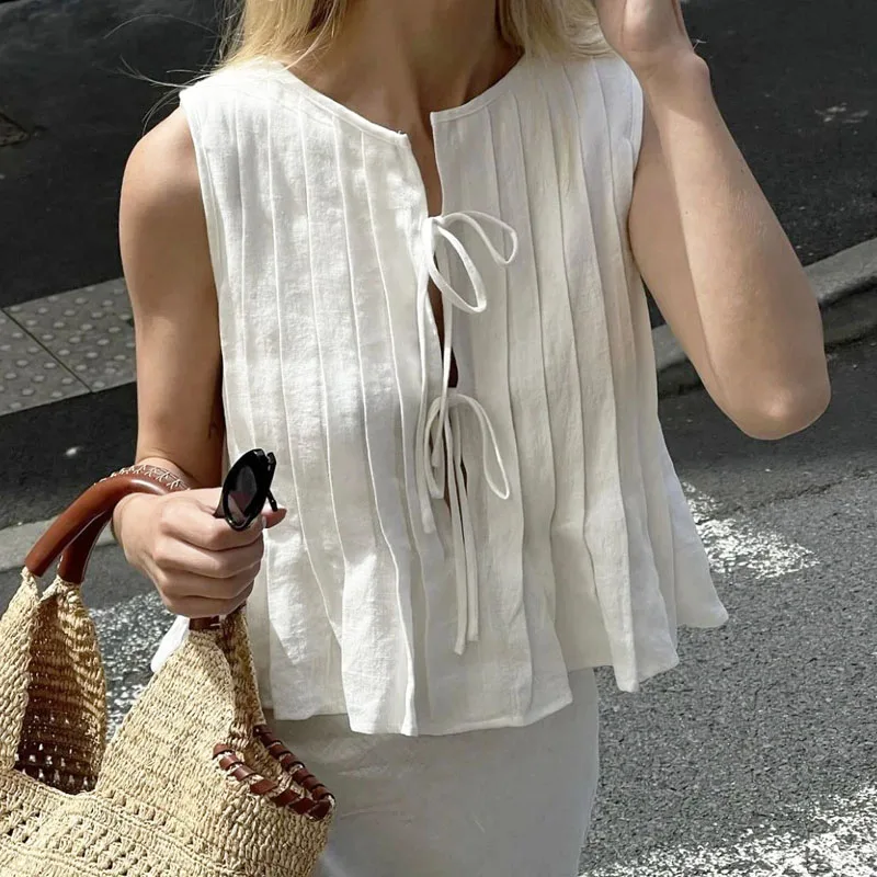 Linen Cotton Pleated Lace Up Sleeveless Short Shirt Blouse Women Slim Waist Crop Top Female Pleated Shirts 2024 New White