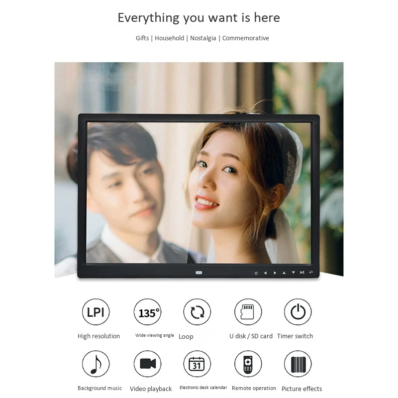 AABFK 12 Inch Digital Picture Frame Multi-Function HD 1280X800 with Press Button Electronic Photo Album US Plug