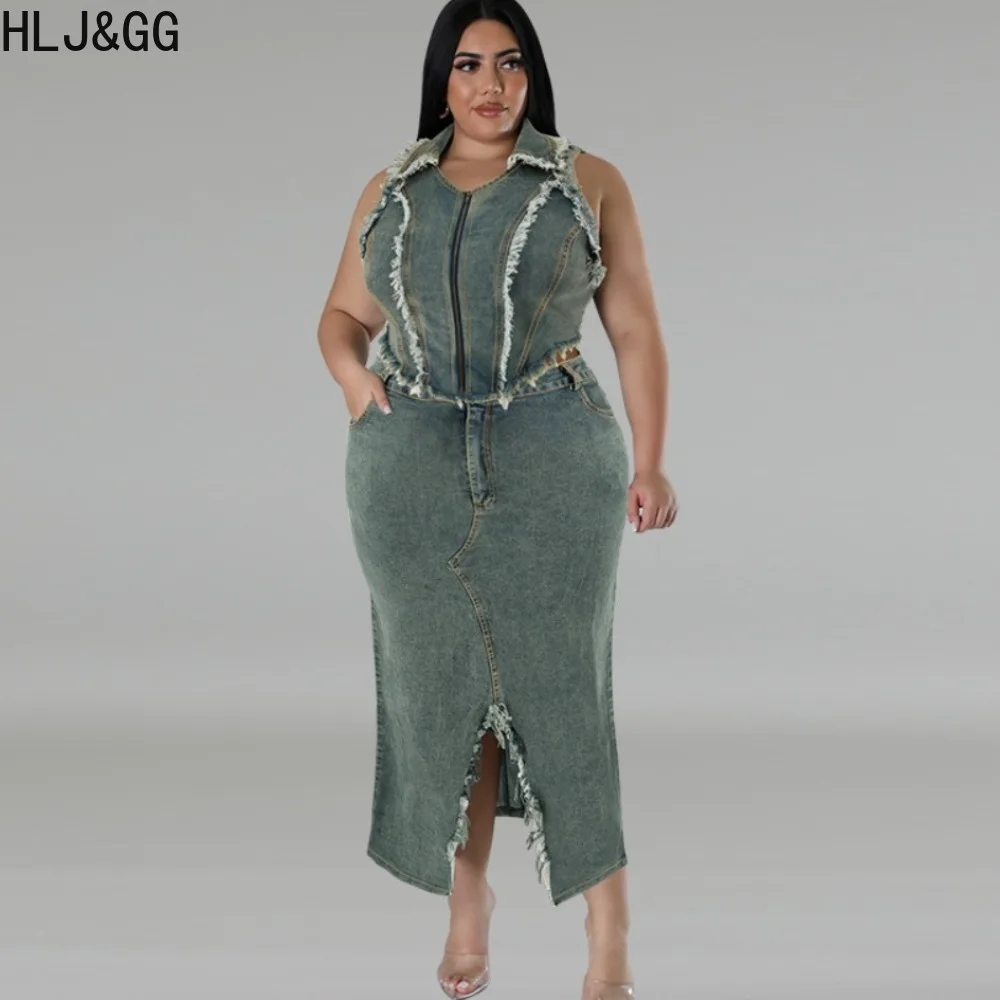 

HLJ&GG Plus Size Denim Splicing Two Piece Sets For Women Zipper Sleeveless Slim Top And Slit Skirts Outfits Female Cowboy Suits