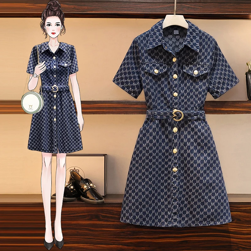 Rhombus Print Single-breasted DenimDress 2022 New Summer Short Sleeve Turn Down Collar Fashion Casual Knee Blue Dreses Robes