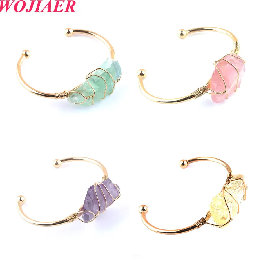 

WOJIAER Natural Stone Open Cuff Copper Gold-color Wire Wrap Irregular Bangle Bracelet for Women Girl Party BO934