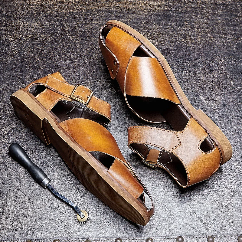 Let's Go Travel ! Men's High-grade Simple Leather Sandals Businessman Luxury Summer Casual Outdoor Hollow Out Flats