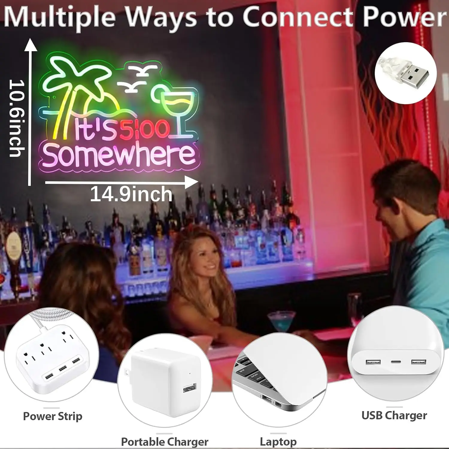 T's 5:00 في مكان ما الاستوائية LED النيون كوكتيل ديكور USB عكس الضوء ضوء النيون لشاطئ بار كروز عطلة فيلا ديكور الحفلات #5