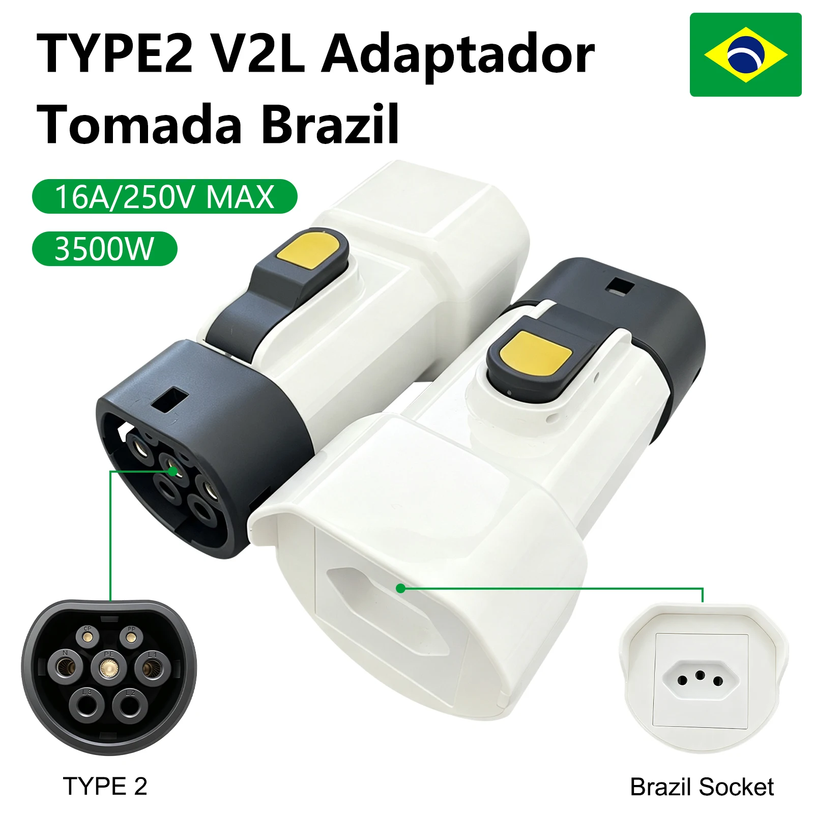 Type2 V2L Discharger Adapter 16A 3500W IP44 Waterproof for Brazil Socket EV New Energy Vehicles BYD Geely MG Chery