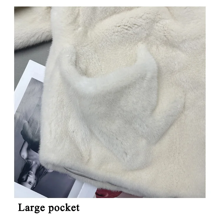 Mink Fur Coat Women Winter Luxury V-Neck Large Pocket High Grade Real Fur Veste Femme Warm Bishop Sleeve saBle Coat Streetwear