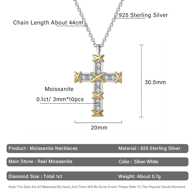 Cross D Color Moissanite Necklace 925 Silver Pendant Luxury for Women Plated 18K White Gold Party Bitthday Gift Jewelry Wholesal