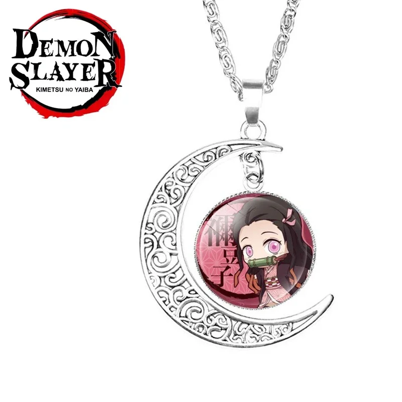 Cute Demon Slayer Kimetsu No Yaiba Necklace Pendant Necklace Kamado Tanjirou Nezuko Printed Glass Cabochon Chain Jewelry Cosplay