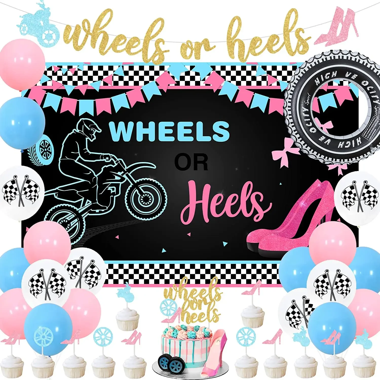 

Wheels or Heels Gender Reveal Decorations, Backdrop Balloons, Banner for Boy or Girl, Party Supplies