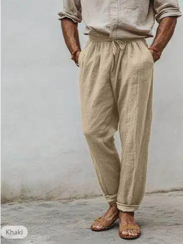

Men's Drawstring Elastic Waist Straight Leg Pants Pure Color Comfortable Beach Trousers Citywalk Cotton 100% Three-acetate Fiber