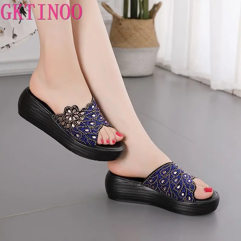 GKTINOO Women Slipper\'s 2024 Ladies Summer Slippers Shoes Women Wedges Fashion Rhinestone Summer Shoes Genuine Leather