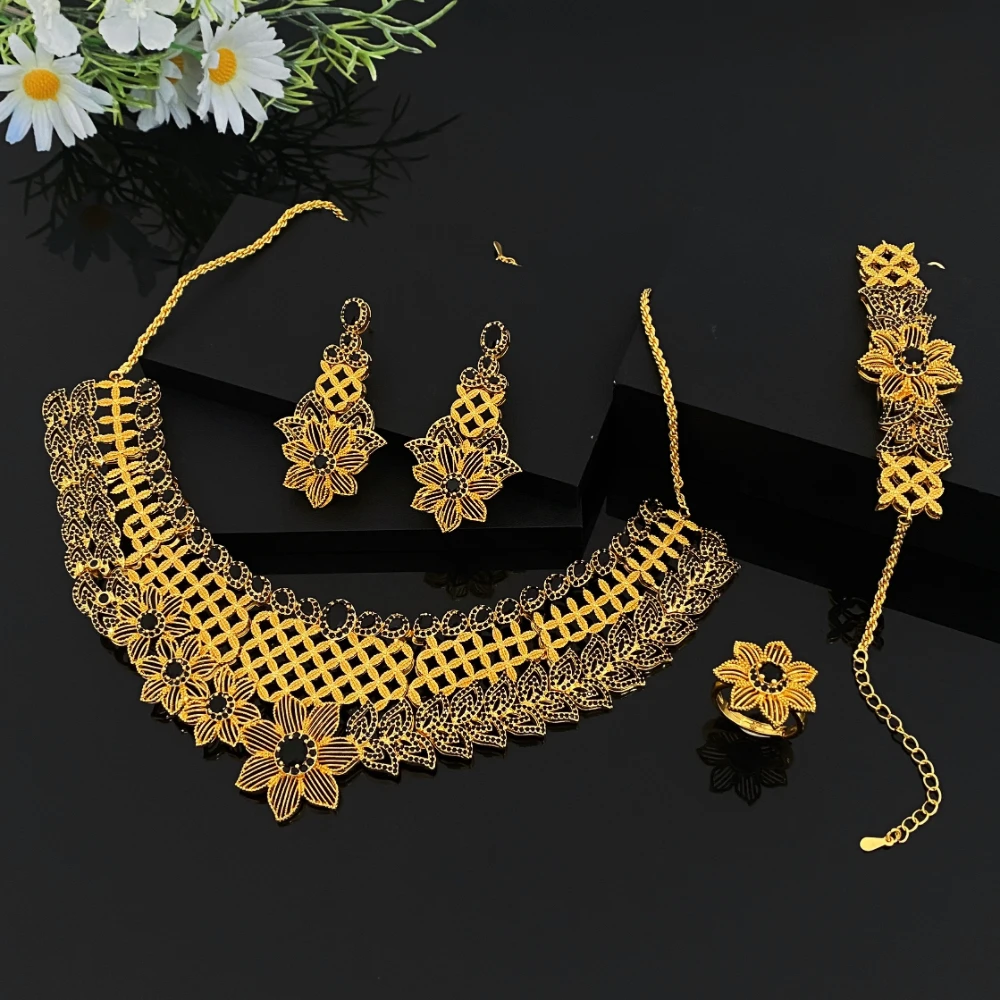 

JRH Bridal Party High-End Cubic Zirconia Jewelry Set Gold Plated Necklace Earrings Bracelet Ring with Recessed Flowers