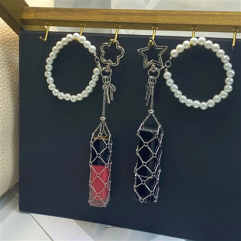 جديد زهرة مشبك اللؤلؤ السوار أحمر الشفاه سلسلة حقيبة المفاتيح غطاء مرآة شعار مخصص الشفاه بلسم كيس شبكي حلقة رئيسية النساء هدية #5