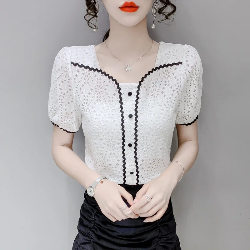 Vintage Summer Lace Shirts Women 2024 Korean Fashion Hollow Out Blusa Feminina Casual Slim Ladies Puff Sleeve Tops Y2k Blouses