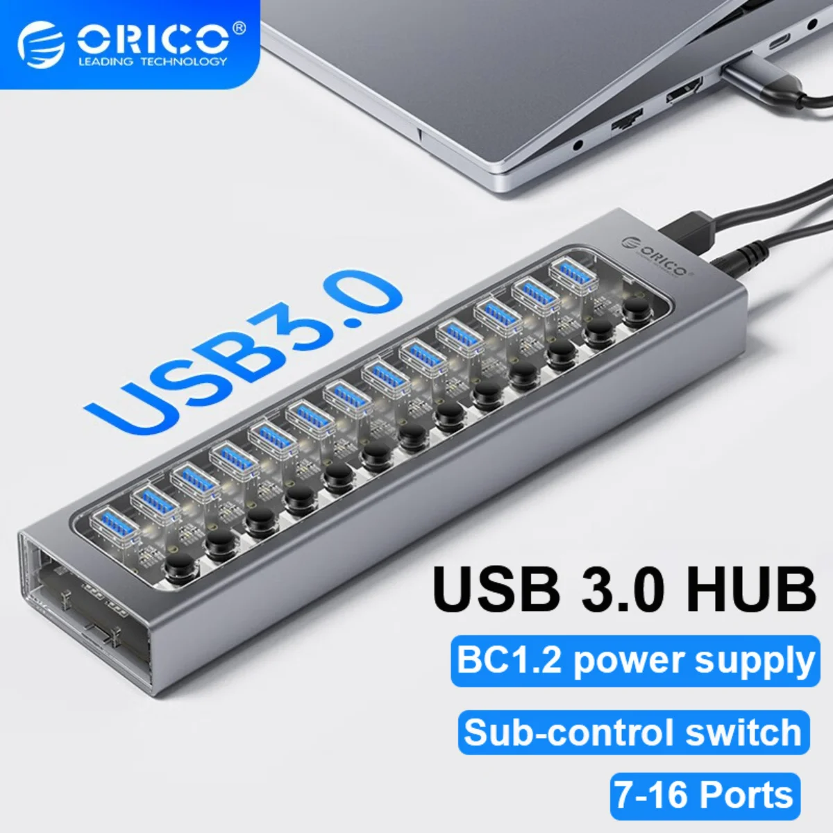 

ORICO Powered USB Hub Splitter Socket with 7/10/13/16 Ports USB 3.0 Extension with On/Off Switches 12V Power Adapter for PC