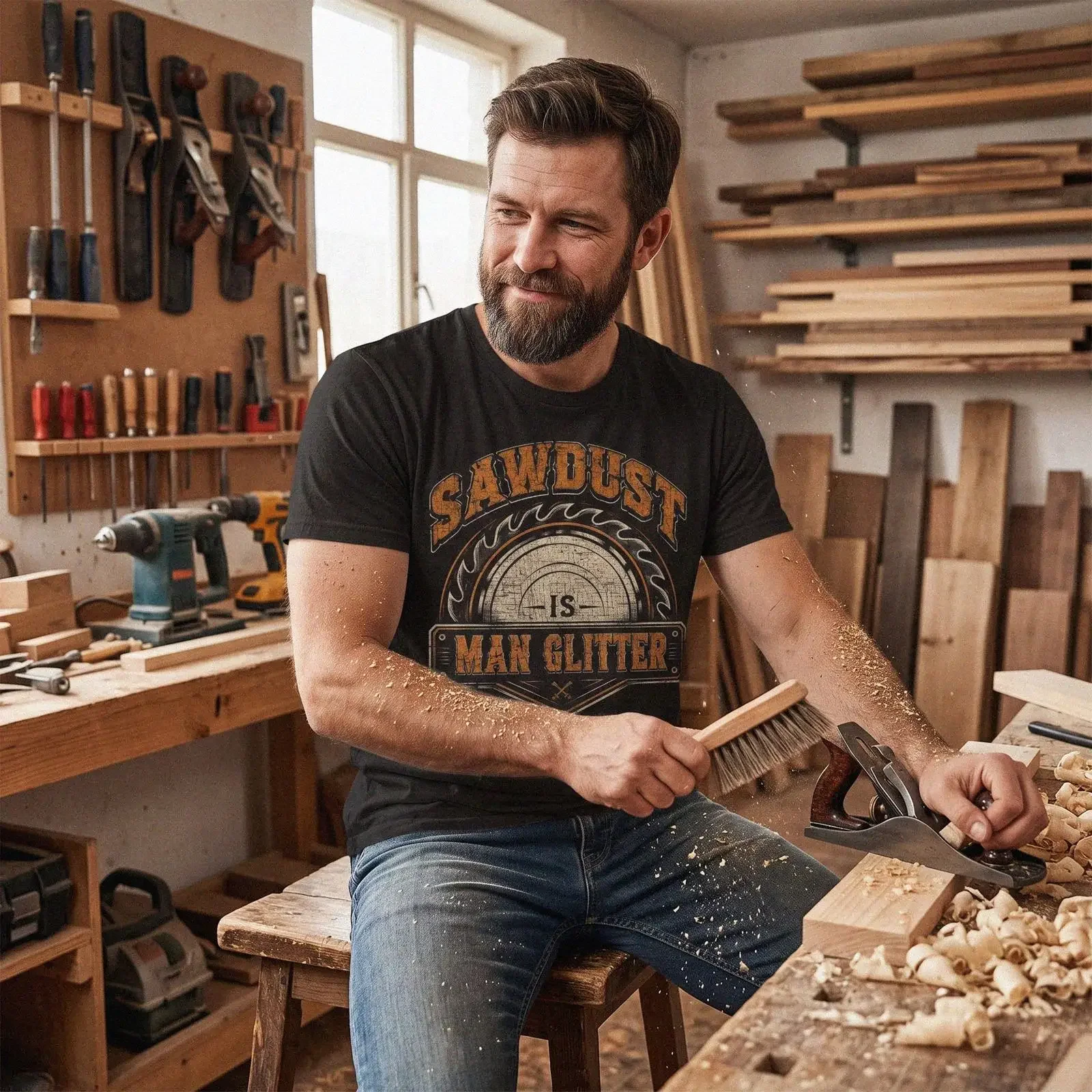 Sawdust Man Glitter T Shirt Vintage Saw Blade Woodworker Carpenter vintage Washed streetwear Comfortable homme Soft Slightly