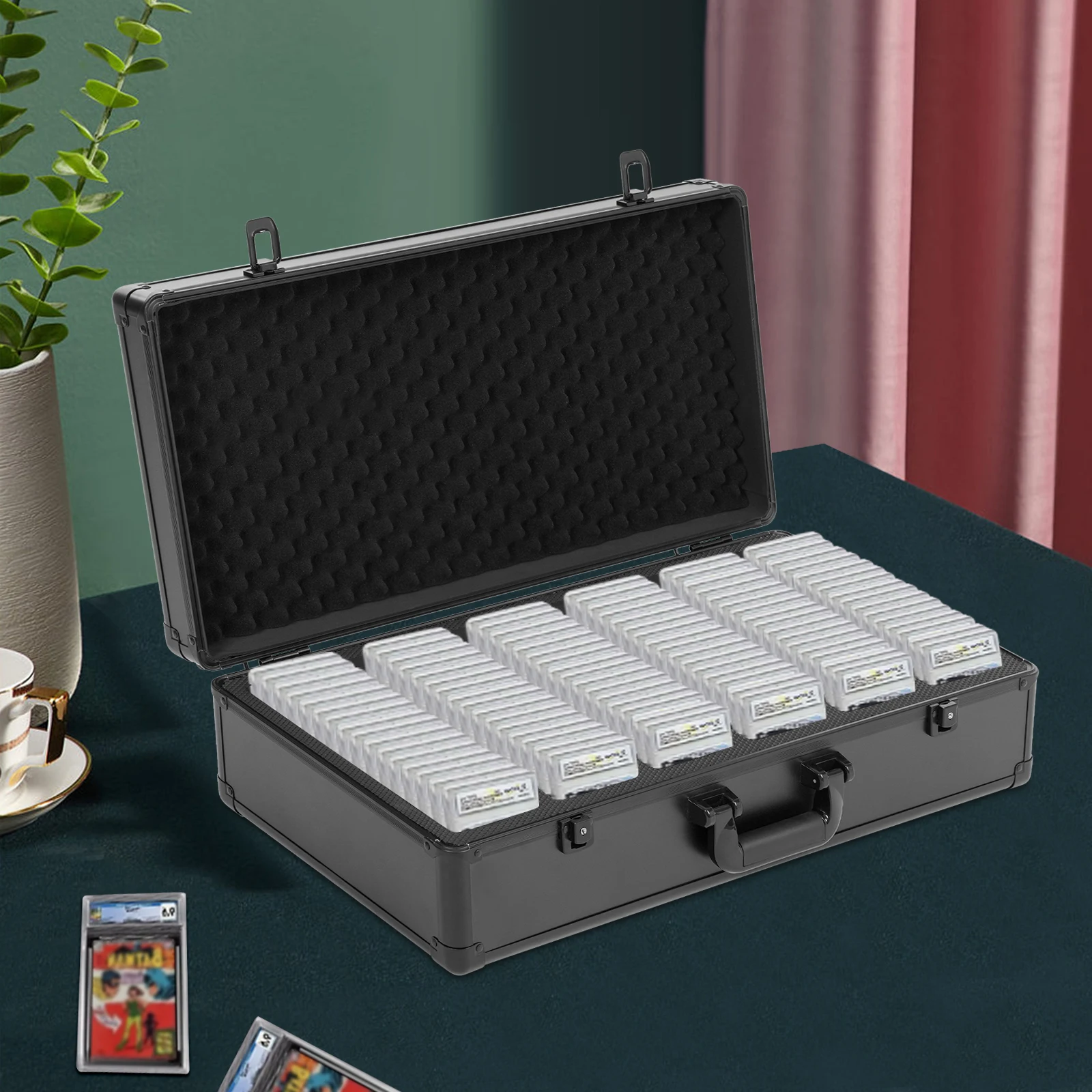 صندوق تخزين البطاقات المتدرج منظم 6 فتحات صندوق تخزين البطاقات 222-سعة منظم قابل للقفل صندوق تخزين بطاقات التداول مع مقبض #5