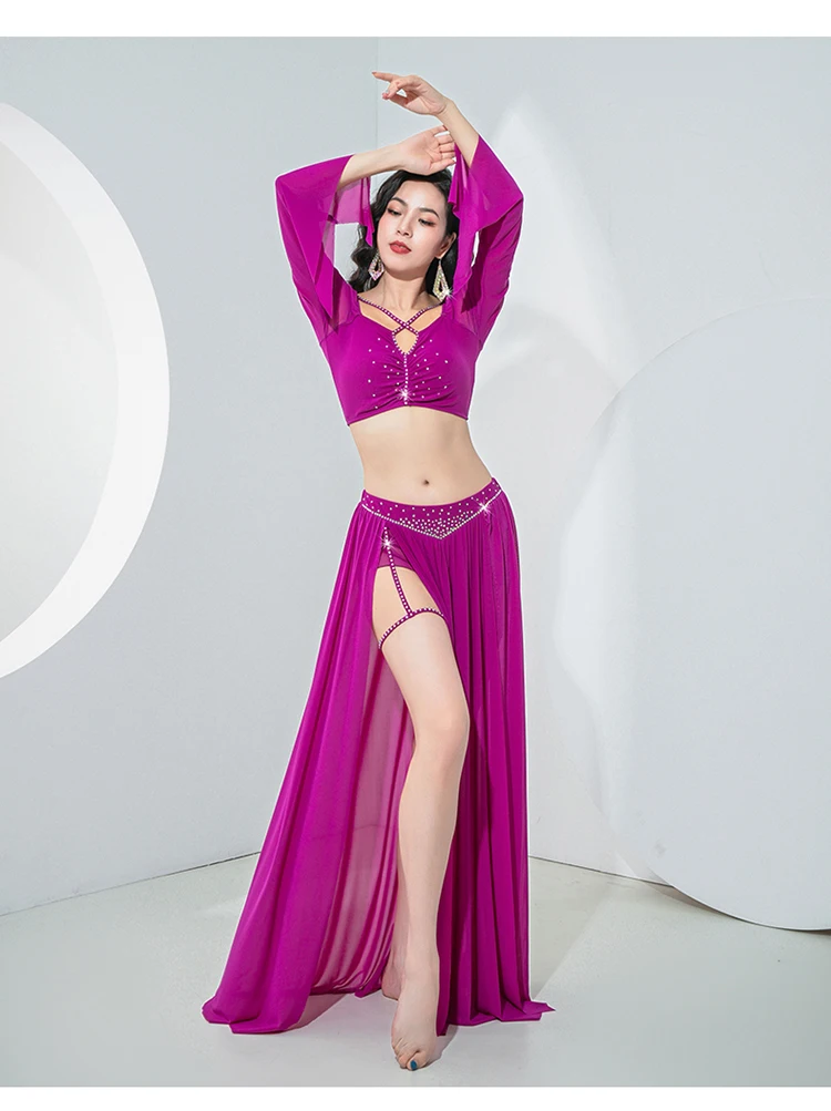 Sexy Group Dance Clothes Practice Suit Belly Dance Costume Set Drilling Hot Long Skirt Sheer Mesh Silky Outfit for Girls