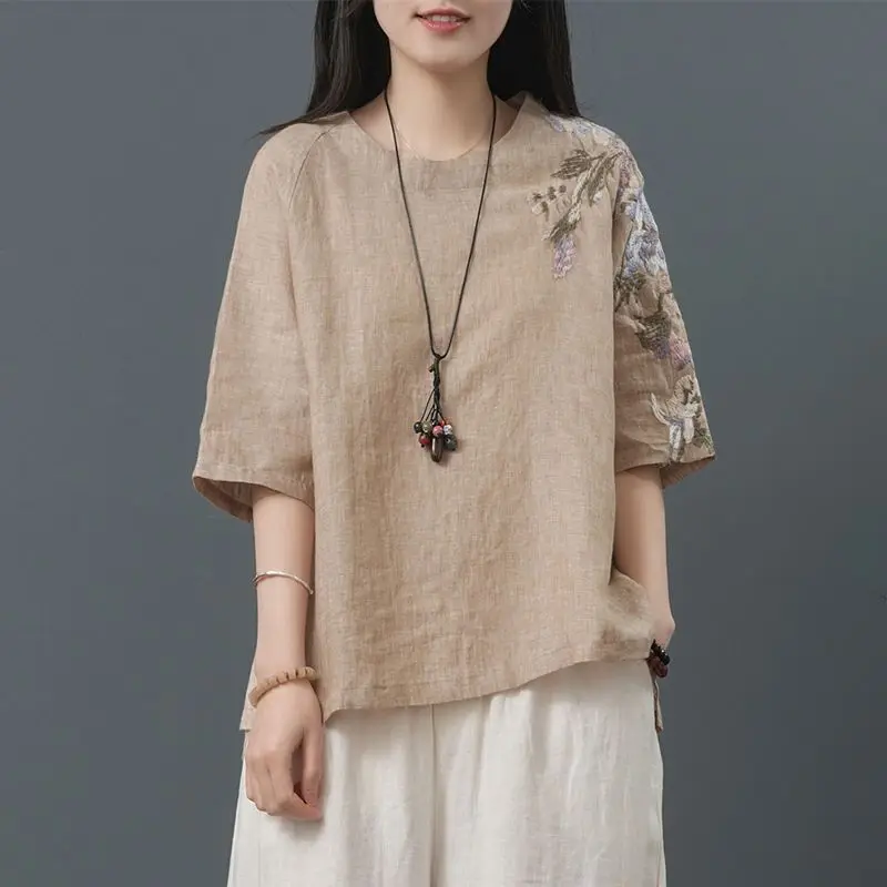 Women Summer Vintage Embroidery Chinese Ethnic Style Cotton Linen T-shirt Simple Casual Round Neck Half Sleeve Solid Loose Tops