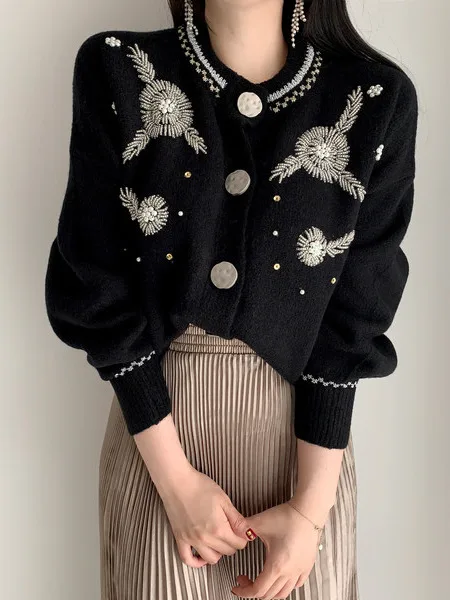 

Шикарный свитер с вышивкой бисером в стиле ретро, плиссированная юбка с высокой талией, женская модная одежда для поездок на работу, средняя мягкая ткань