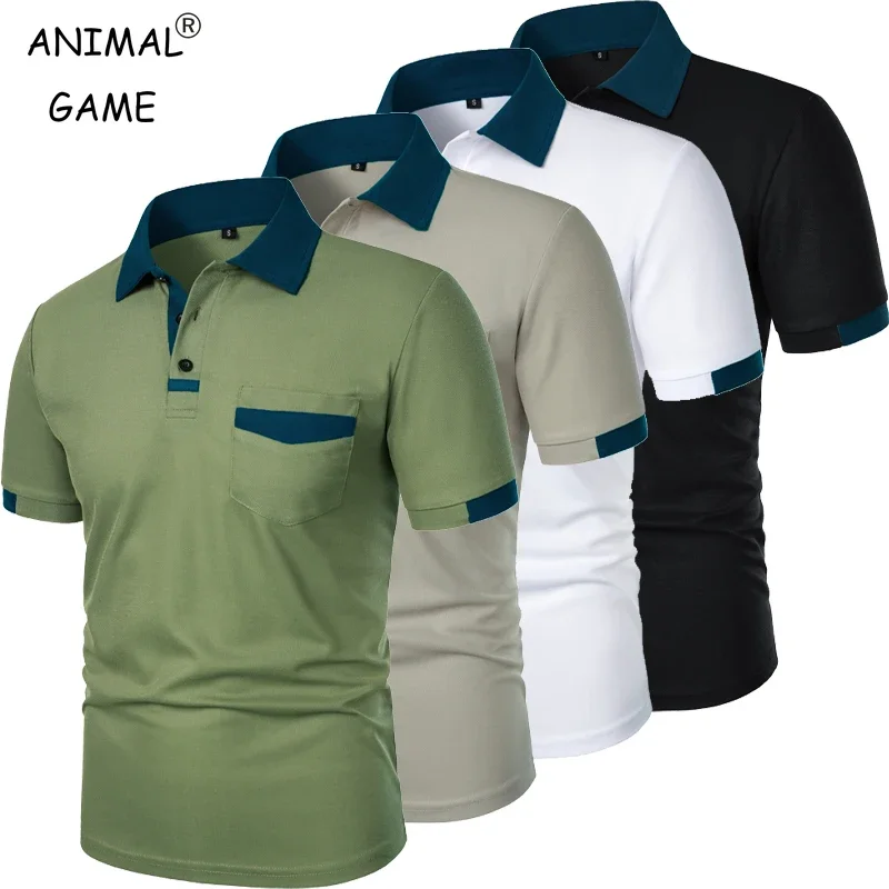 Neues Herren-Kurzarm-Farbblock-T-Shirt mit Tasche, Sommer-Casual-Sport-Poloshirt für den täglichen Gebrauch, Outdoor-Streetwear