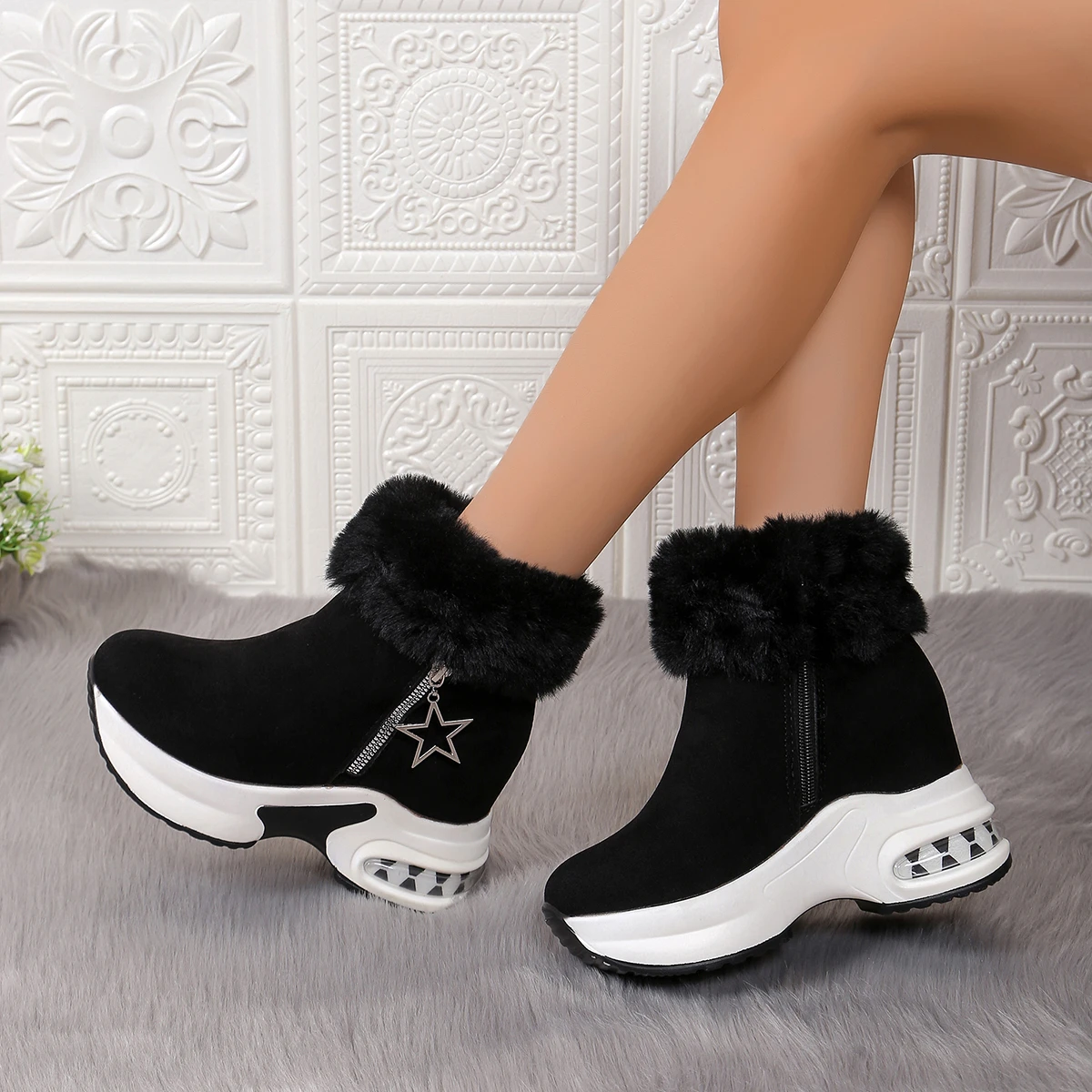 Women Boots Winter 2024 New Casual High Heels Warm Boots Thickened Fluff Wedge Shoes Fashion Outdoor Platform Snow Boots Women