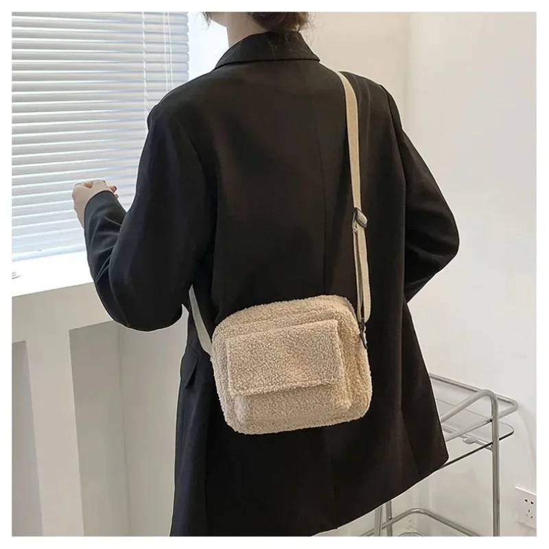Cute Solid Faux Lamb Fleece Mini Crossbody Bag Women Adjustable Strap All Match Autumn Winter Daily Messenger Bag