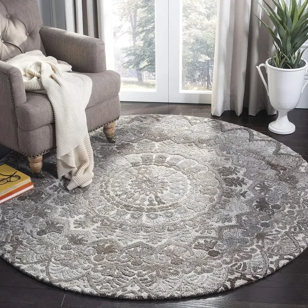 8' Round Grey/Ivory Handcrafted Mandala Medallion Wool Rug