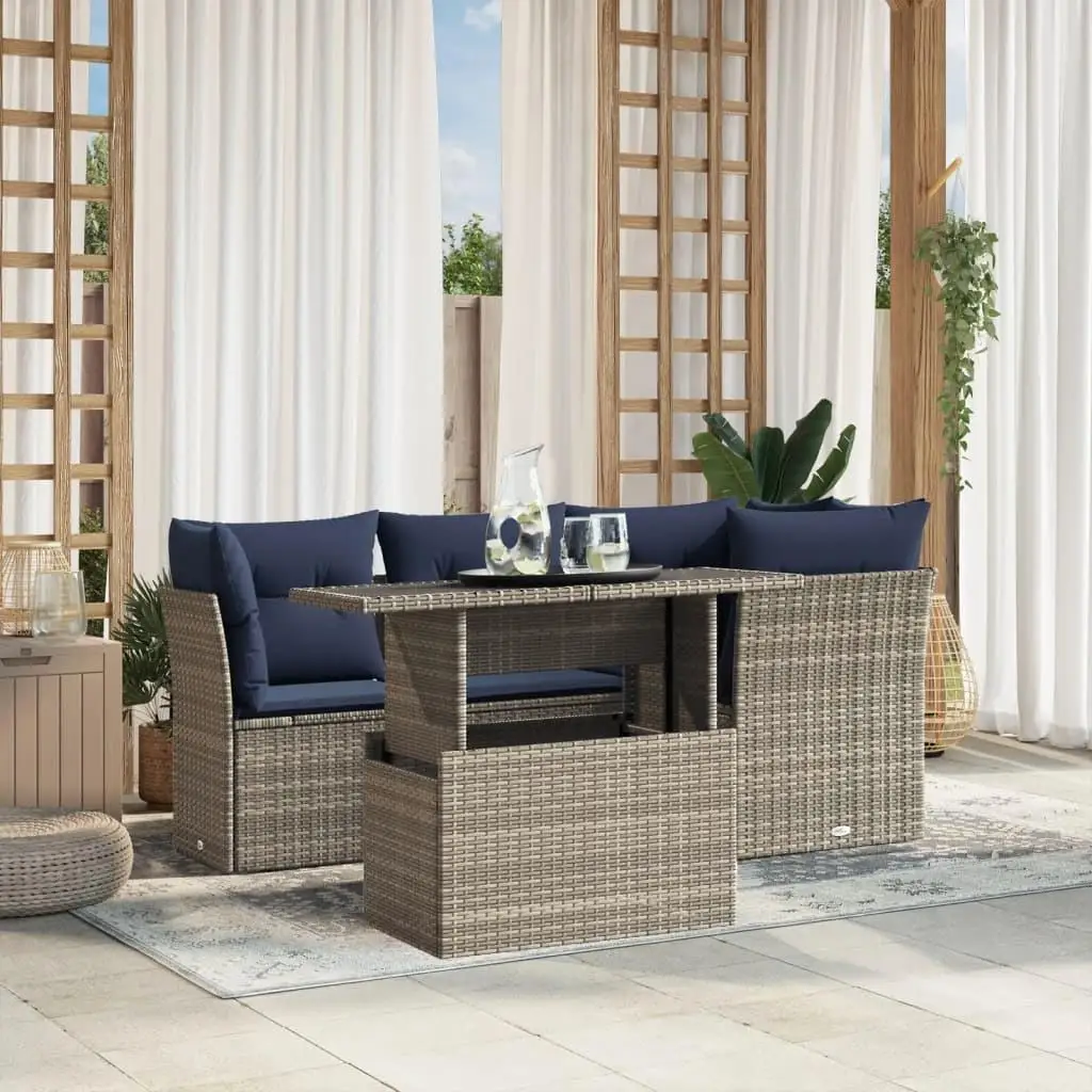 

5 Piece Gray Poly Rattan Patio Sofa Set with Soft Cushions Outdoor Furniture for Garden Balcony Poolside