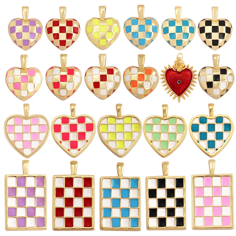 Sweet Trendy Enamel Dripping Oil Checkerboard Charm Pendant,Cute Pink Mosaic DIY Necklace Accessories For Jewelry Making L18