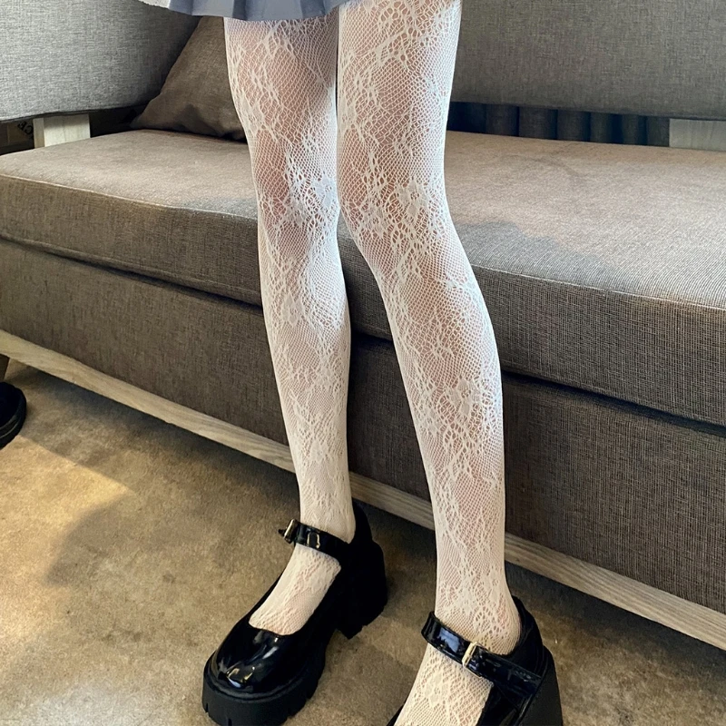 Women Girls Lolita Hollow Lace Knee High Long Socks Sweet Ruffles Trim Floral Jacquard Mesh Fishnet Kawaii Stockings