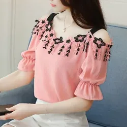 New Summer Short Sleeve Women Blouse Slash Neck Chiffon Blouse Shirt Women Tops Blouses Shirts Blusas Para Mujer Camisas B155