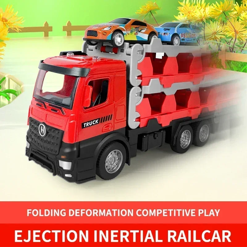 Ejection Racing Inertial Car Multi-track Catapult Folding Track Container Metal Truck Storage Rail Kids Toys Boy Christmas Gifts