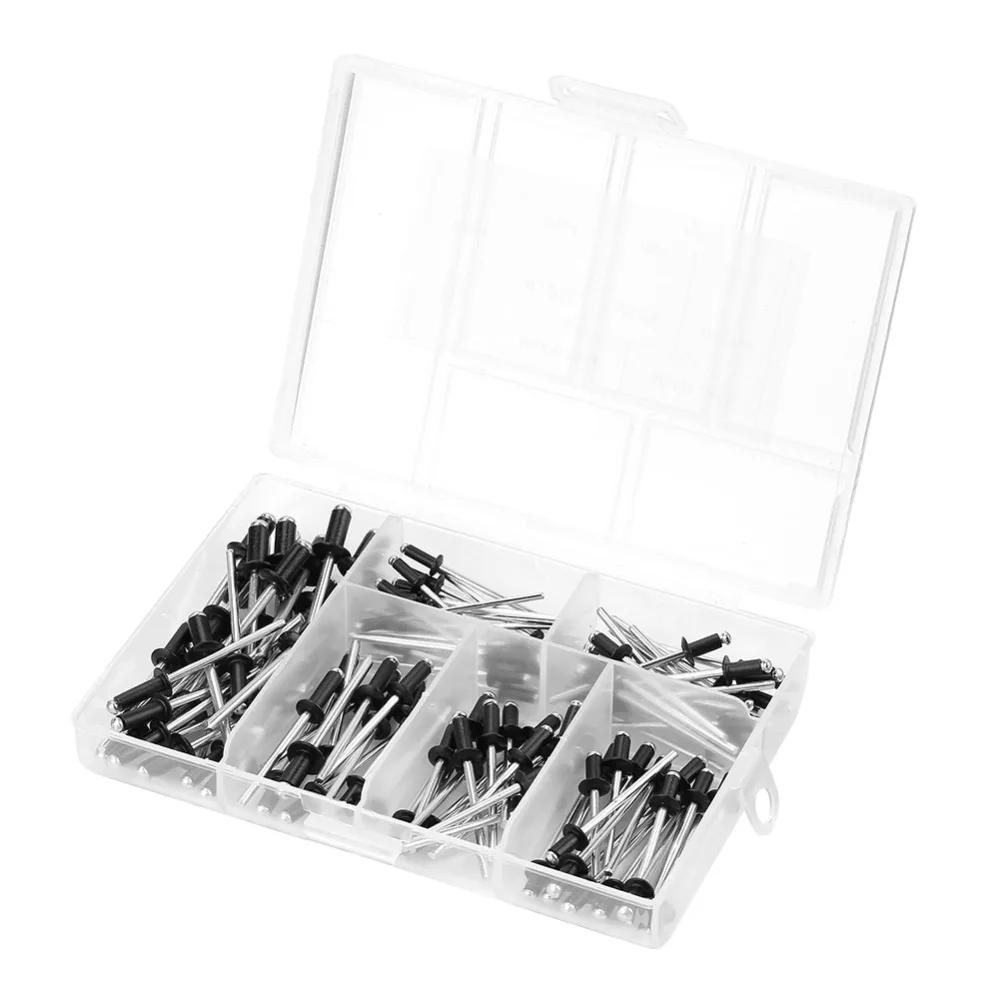 120pcs Black​ Rivets Assortment Kit​ Aluminum Alloy 6 Sizes Blind Rivets Set​ Bulb Style​ Dome Head Aluminum Rivets Kit​