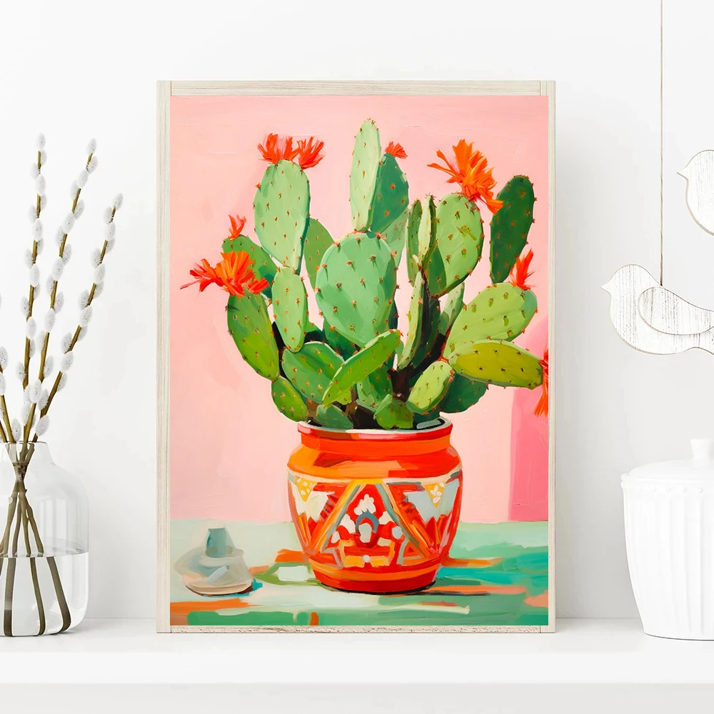 Abstract Colorful Cactus Flower Vase Still Life Canvas Painting, Modern Poster Print, Wall Art Botanical Living Room Home Decor