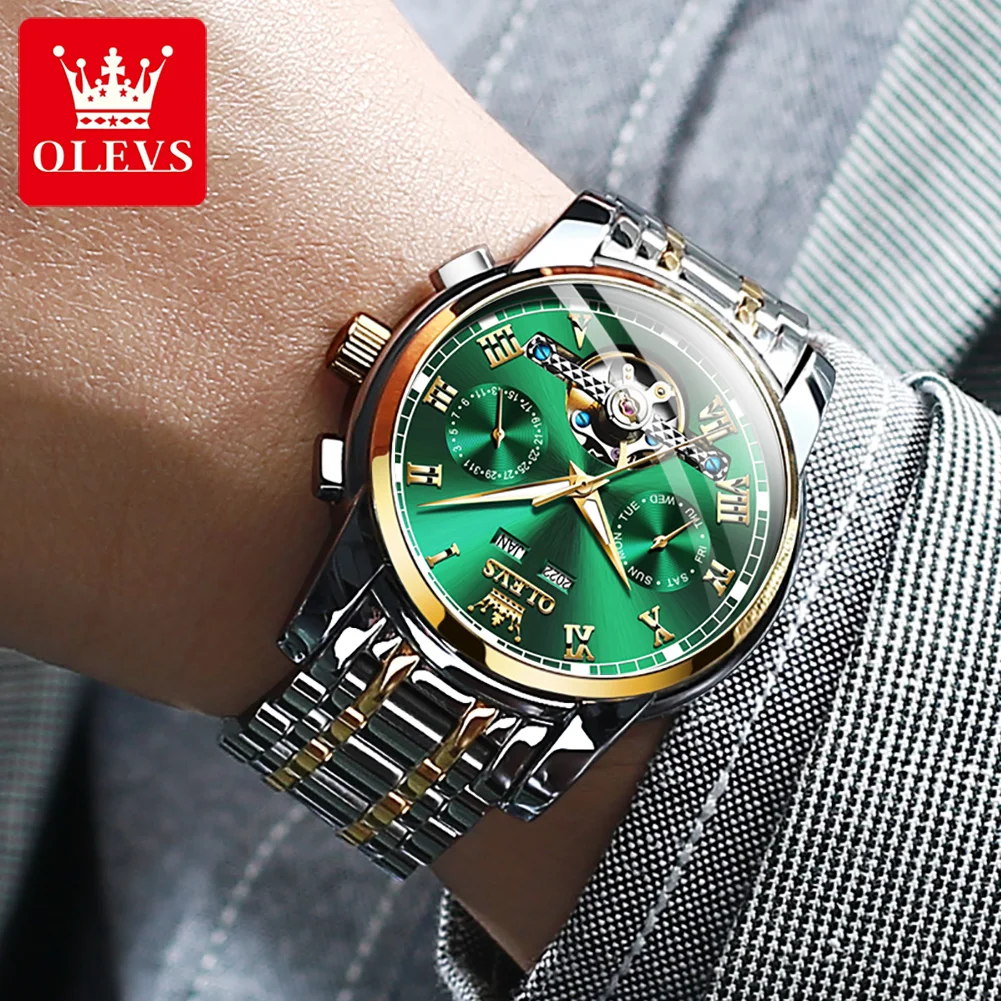 OLEVS Original Automatic Mechanical Watch for Men Stainless Steel Strap Tourbillon Skeleton Design Business TOP Brand Male Watch